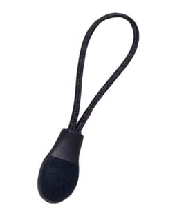 A black changeable zip puller with a looped nylon cord for easy attachment.