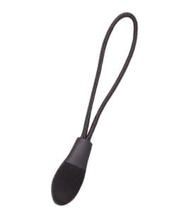 A black zip puller with a looped cord, designed for easy attachment to zippers.