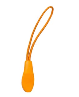 An orange zip puller with a looped cord, designed as a clothing accessory.
