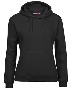 A black hoodie featuring a front pocket and a drawstring hood. It includes branding on the label.