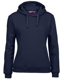A navy blue hoodie with a front pocket and a drawstring hood. The hoodie features a logo.