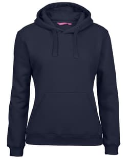 A navy hoodie with a front pocket and drawstring hood. It features a branding logo.