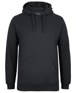 A black hoodie featuring a front pocket and drawstrings on the hood. It has a logo on the label.