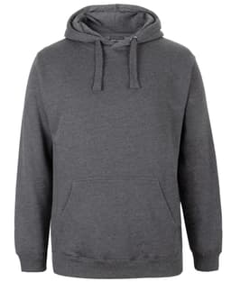 A grey hoodie featuring a front pocket and a drawstring hood, with a small branding label.