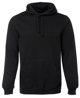 A black hoodie featuring a front pocket and drawstring hood, with a logo present.