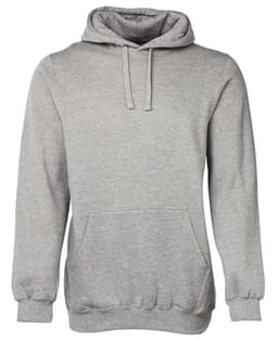 A grey hoodie with a front pocket and a drawstring hood, featuring a logo.