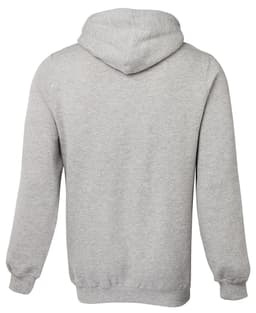 A grey hoodie featuring a kangaroo pocket and a drawstring hood, with a logo on the back.