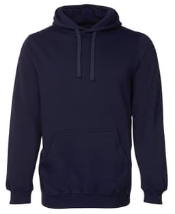 A navy hoodie featuring a front pocket and drawstring hood. The design includes a logo or branding.