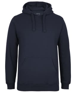 A dark navy hoodie with a kangaroo pocket and a drawstring hood, featuring a logo on the front.