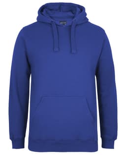 A blue hoodie with a front pouch pocket and a drawstring hood. It features a logo on the label.