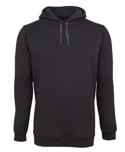 A black hoodie with a front pocket and a drawstring hood. It features a logo on the front.