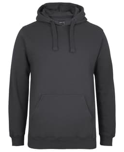 A dark grey hoodie featuring a kangaroo pocket and a hood, with a simple design and no visible logos.