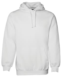 A white hoodie featuring a front pocket and a hood. The garment has a logo on it.