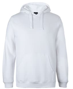A white hoodie featuring a front pocket and a drawstring hood. The garment has a logo on it.