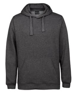 A grey hoodie with a front pocket and drawstring hood. It features a logo on the chest area.