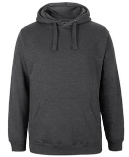 A dark grey hoodie featuring a front pocket and adjustable drawstring hood, with a small logo.