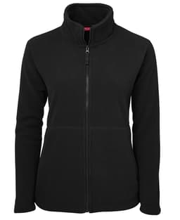 A black ladies' full zip polar fleece jacket with a high collar and zippered front pockets. Features a logo.