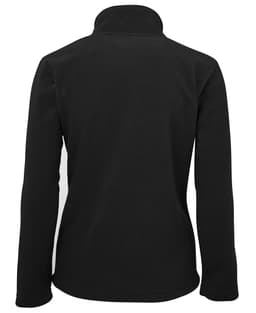 A black polar fleece jacket featuring a high collar and a smooth finish, with a branding logo.