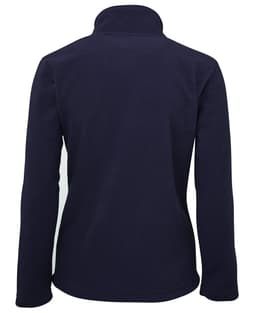 A navy blue polar fleece jacket with a full zip and high collar, featuring a branding logo.