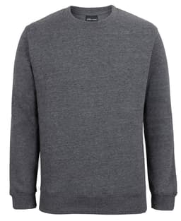 A grey jumper featuring a simple crew neck design and ribbed cuffs and hem. It has a branding label inside.