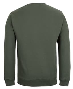A khaki green jumper with a simple design, featuring a crew neck and long sleeves. It has a logo on the back.