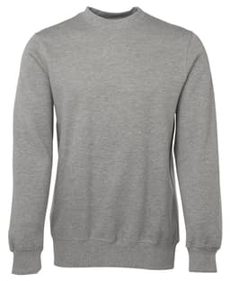 A grey sweater with a round neckline and long sleeves. The product features a branding logo.