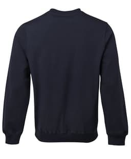 A navy blue jumper with a crew neck and long sleeves. The back view is displayed. It has a logo.