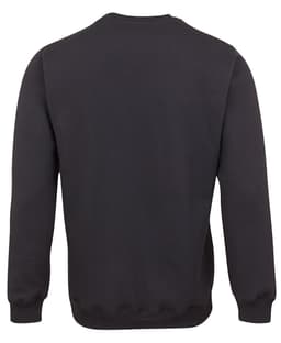 A black jumper with long sleeves and a round neckline, featuring a plain design and a label on the back.