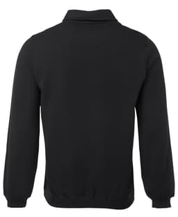 A black half-zip polar fleece jumper with long sleeves and a collar, featuring a logo.