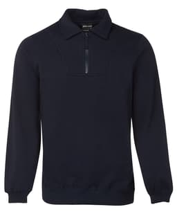 A navy 1/2 zip fleecy jumper featuring a collar and ribbed cuffs. Includes a logo on the front.