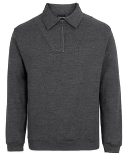 A dark grey polar fleece jumper featuring a half-zip collar and long sleeves. It has a logo on the front.
