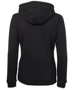 A black ladies' full zip fleece hoodie featuring a hood and a fitted design. It includes branding on the back.