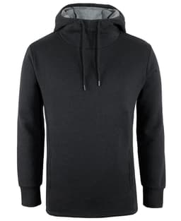 A black sports hoodie with a grey interior, featuring a hood and side pockets. It has a logo on it.