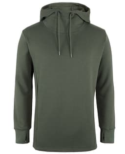 A green podium sports hoodie featuring a hood, long sleeves, and a minimalist design. It has an emblem present.