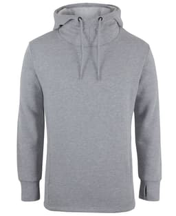 A grey sports hoodie featuring a hood and drawstrings, with long sleeves and side slits. It has a logo.