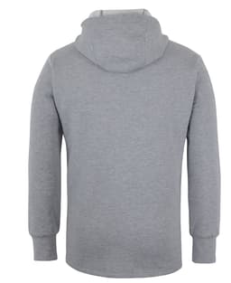 A grey hoodie featuring a hood and long sleeves, presented from the back. It has a branding logo.