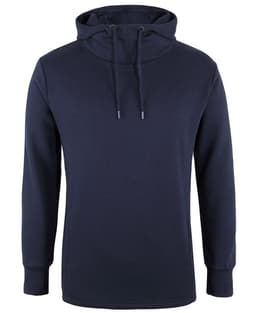 A navy blue hoodie featuring a drawstring hood and long sleeves, with a logo displayed on the garment.