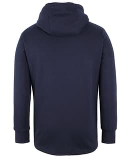 A navy hoodie with a hood and long sleeves, featuring a simple design and a logo.