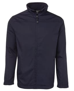 A black jacket with a zip front, stand-up collar, and long sleeves. Features a logo on the chest.