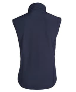 A navy softshell vest features a high collar and sleeveless design, with a logo on the back.
