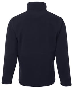 A black fleece jacket with a high collar and long sleeves, featuring a logo on the back.