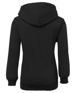 A black fleece hoodie featuring a hood and long sleeves, with a plain back design and ribbed hem.