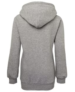 A grey fleecy hoodie featuring a hood and ribbed cuffs. The back view showcases a casual design.