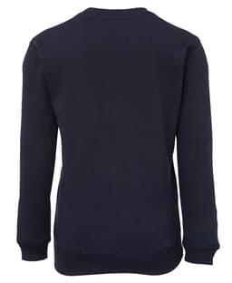 A navy fleecy sweatshirt featuring long sleeves and a plain back view. Includes a logo detail on the garment.