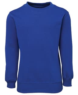 A blue fleecy sweatshirt with long sleeves and a round neckline, featuring a logo.