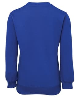 A blue fleecy jumper with long sleeves and a round neckline, featuring a logo on the back.