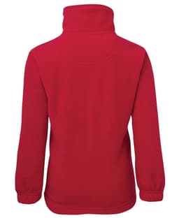 A red kids' half-zip polar fleece jacket with a high collar and elasticised cuffs. Features a logo on the back.