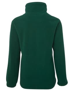 A green half-zip polar fleece jacket with a high collar and long sleeves, featuring a logo.