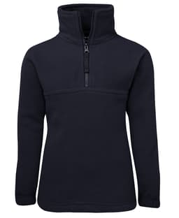 A navy 1/2 zip polar fleece jacket with a high collar and a zippered front. It features a solid design and has a logo.