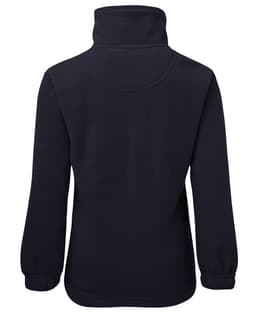 A black 1/2 zip polar fleece jacket for kids, featuring long sleeves and a high collar. Brand logo is present.